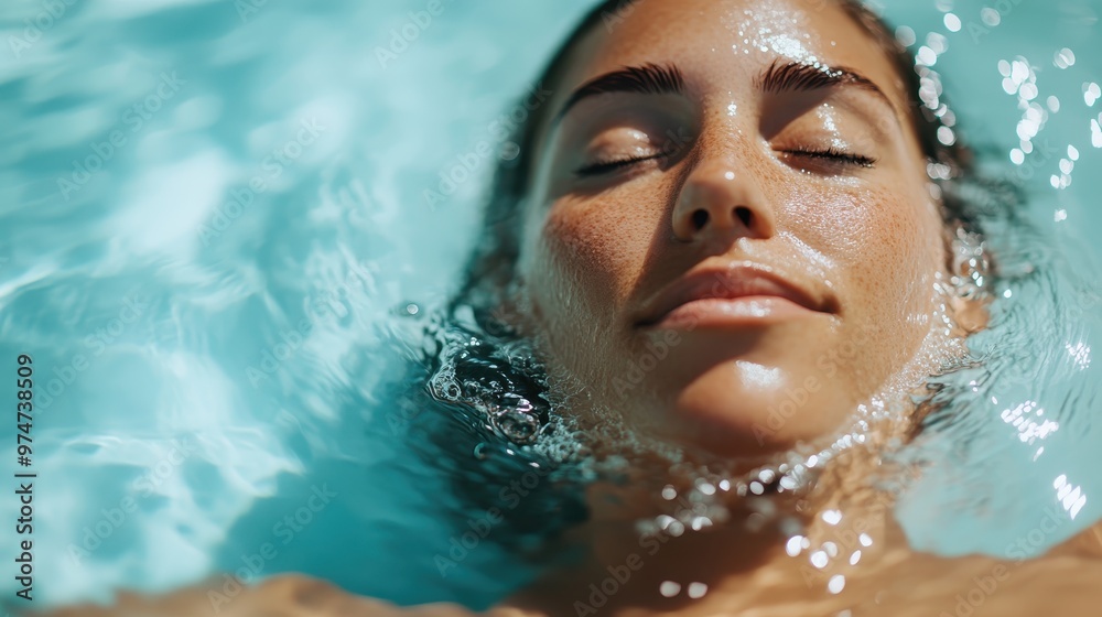 A woman with closed eyes peacefully floats face-up in clear blue water, embodying serenity and bliss, surrounded by the calming energy of the aquatic scene. A woman with closed eyes peacefully floats face-up in clear blue water, embodying serenity and bliss, surrounded by the calming energy of the aquatic scene.