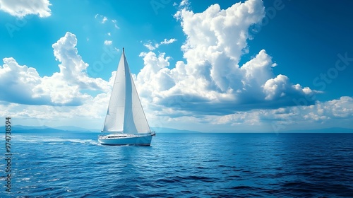 Yacht sailboat sailing alone on calm blue sea waters on a beautiful sunny day with blue sky and white clouds : Generative AI photo