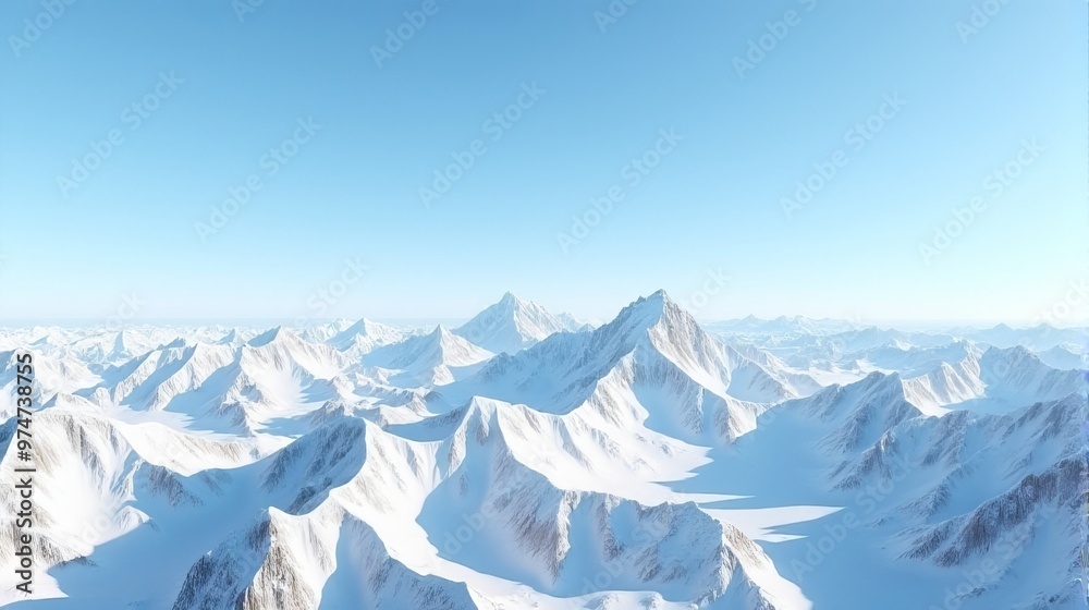 Expansive panoramic View Snow-covered Mountain Range Under a Clear Blue Sky
