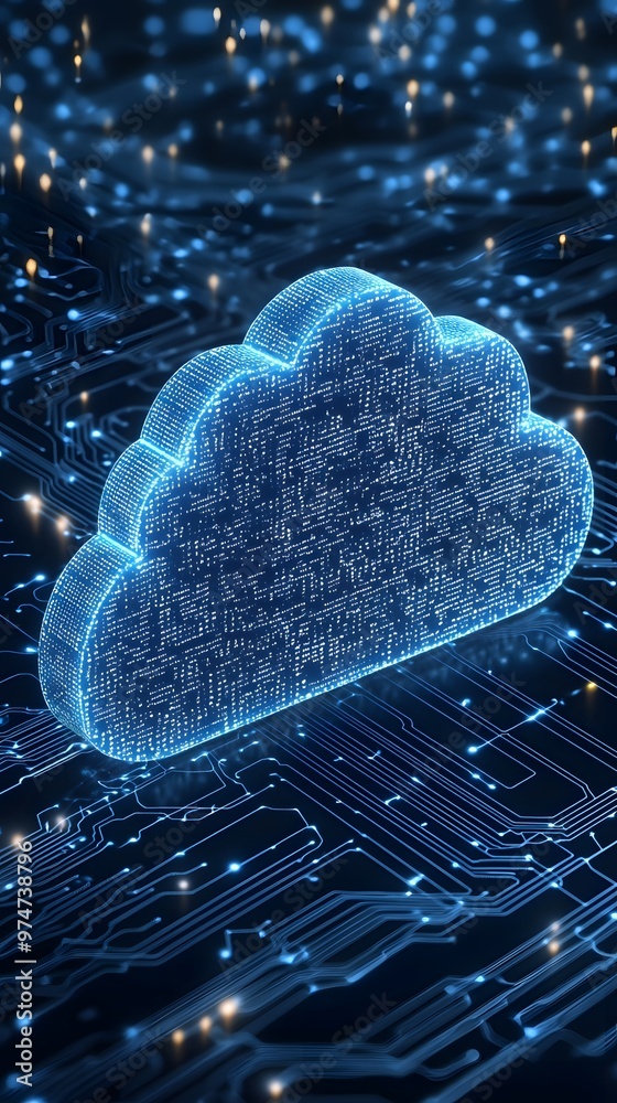 Fototapeta premium Futuristic digital cloud design with circuit patterns and glowing elements, representing technology and data storage concepts.
