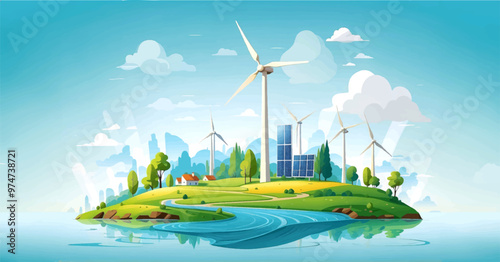 Sustainability illustration set. ESG, green energy, sustainable industry with windmills and solar energy panels. Environmental, Social, and Corporate Governance concept. Vector illustration.