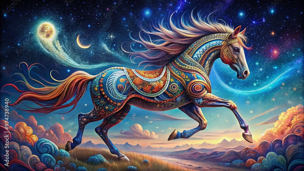 Vibrant, stylized illustration of a majestic horse in mid-gallop, adorned with tribal patterns and swirling shapes, set against a dramatic, starry night sky backdrop. Vibrant, stylized illustration of a majestic horse in mid-gallop, adorned with tribal patterns and swirling shapes, set against a dramatic, starry night sky backdrop.