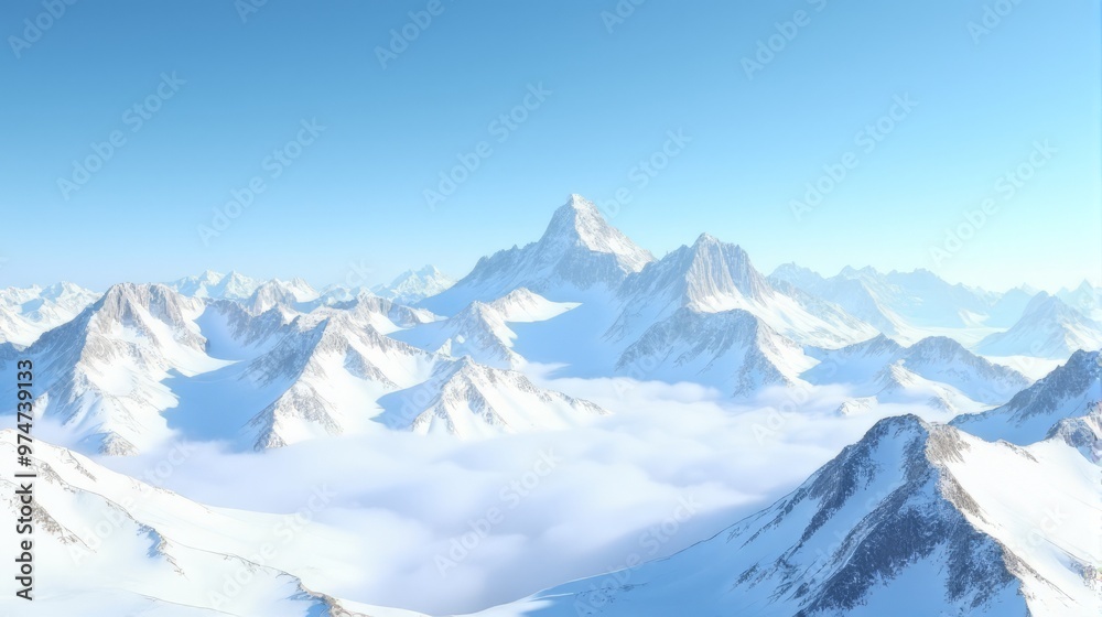 Expansive panoramic View Snow-covered Mountain Range Under a Clear Blue Sky Expansive panoramic View Snow-covered Mountain Range Under a Clear Blue Sky