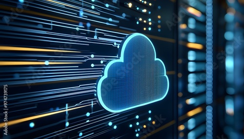 Futuristic cloud computing graphic showing data transfer with glowing lines. Ideal for technology and digital storage themes.