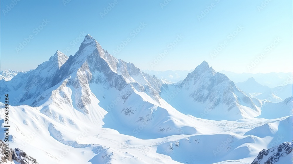 Fototapeta premium Expansive panoramic View Snow-covered Mountain Range Under a Clear Blue Sky
