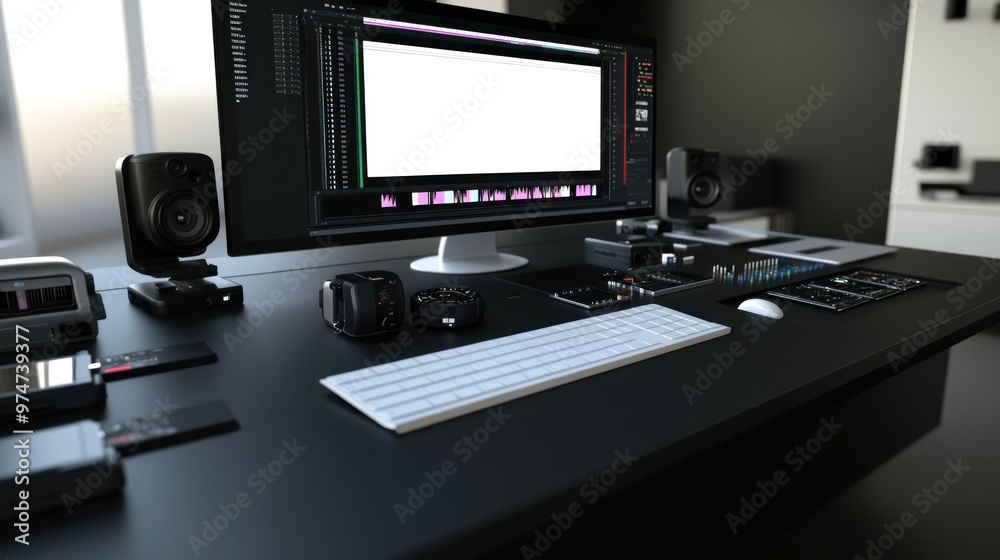 Naklejka premium A modern workspace with a computer, speakers, and various tech gadgets.