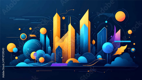 Vibrant Abstract Wave of Smart City with Multilayered Color Texture and Digital Elements - Global Technology and Social Network Concept for Web Banner Design