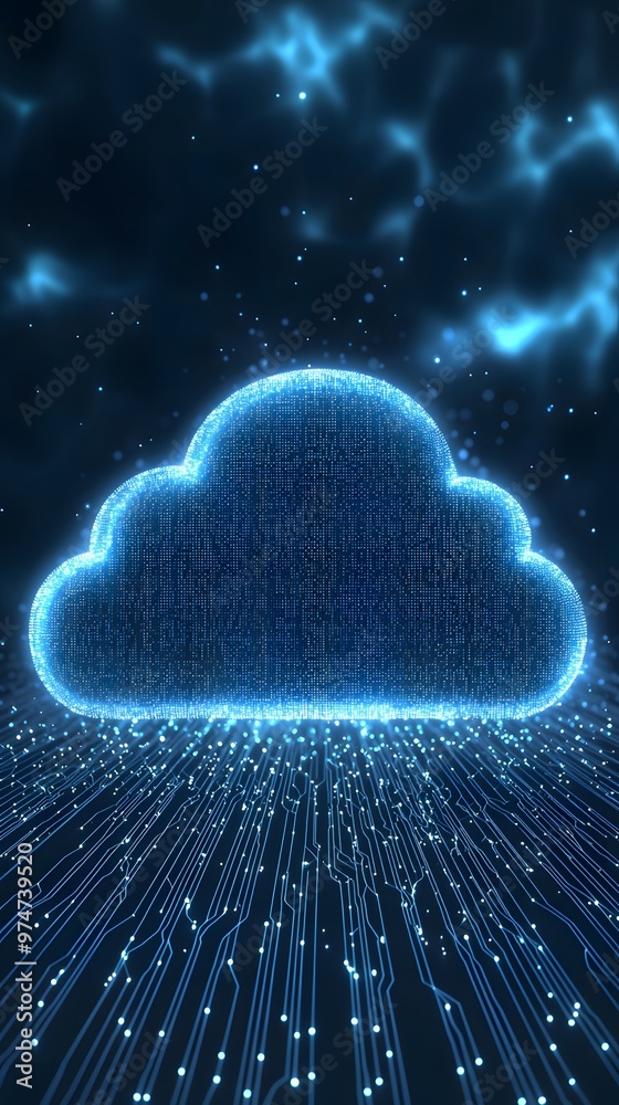 Beautiful blue cloud symbolizing cloud computing technology with digital data streams in a futuristic design. Beautiful blue cloud symbolizing cloud computing technology with digital data streams in a futuristic design.