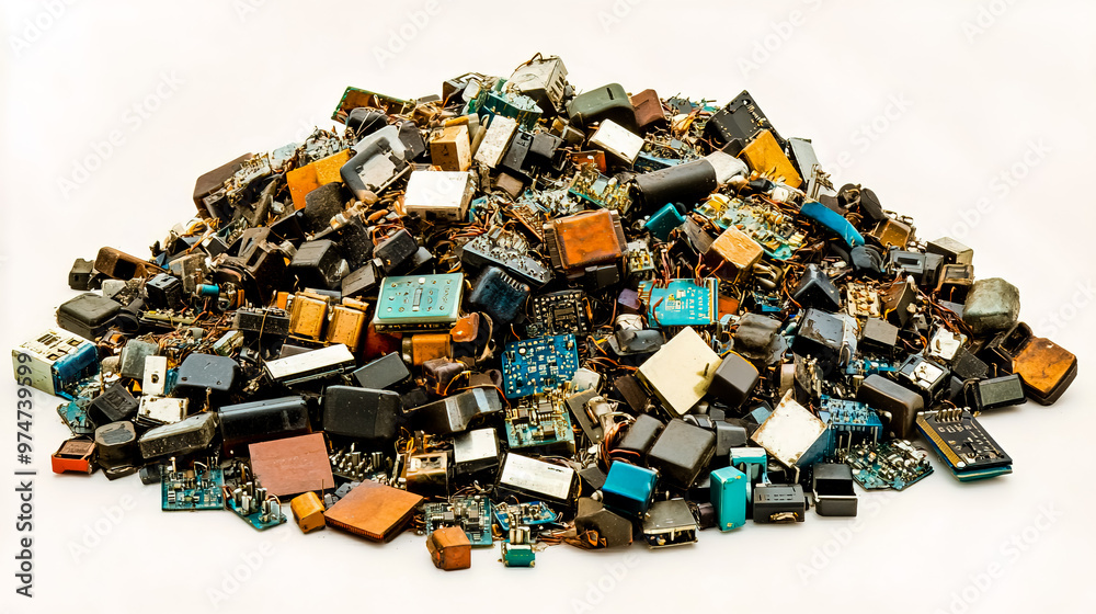 Top view of large heap of old transistors on white background. Top view of large heap of old transistors on white background.