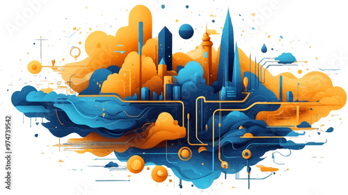 Vibrant Abstract Wave of Smart City with Multilayered Color Texture and Digital Elements - Global Technology and Social Network Concept for Web Banner Design