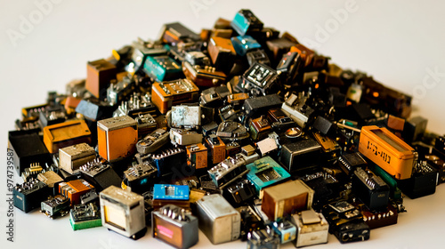 Top view of large heap of old transistors on white background. photo