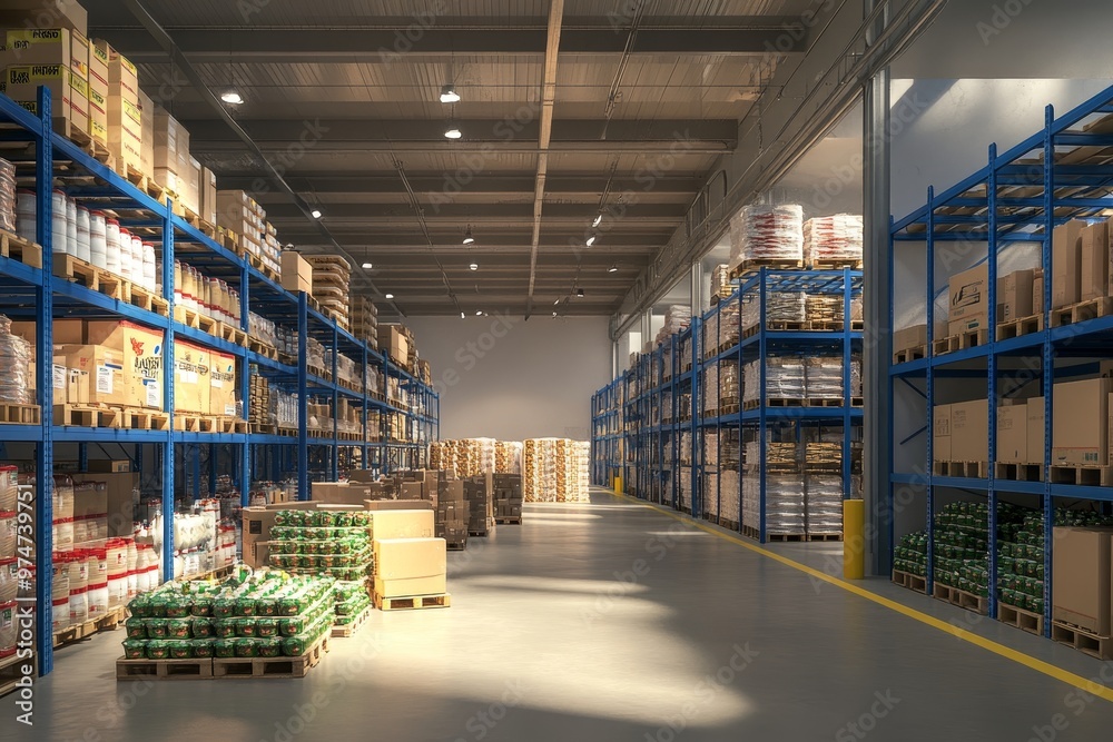 Interior view of a warehouse with blue racking system and brightly lit shelves of food products