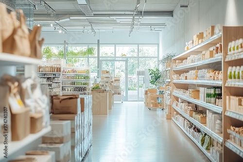 Modern sustainable grocery store with eco-friendly products.