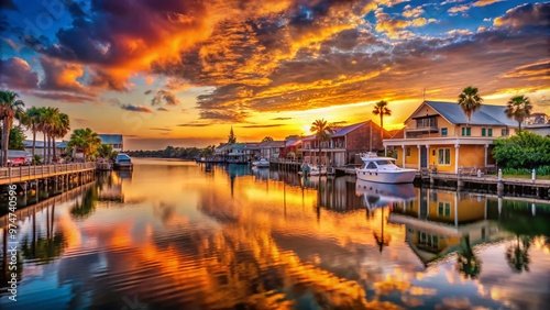 Vibrant sunset casts a warm glow on the Anclote River, highlighting historic sponge docks and rustic waterfront buildings in Tarpon Springs, Florida. photo