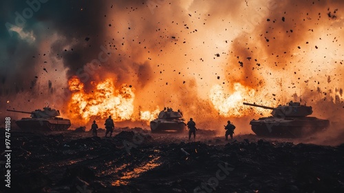 Dawn battle  soldiers and tanks clash in a war torn wasteland amidst explosions and chaos photo