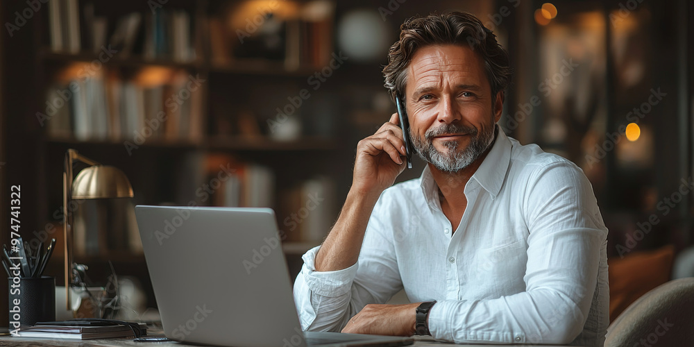Smiling man on a phone call at his desk. Smiling man on a phone call at his desk.
