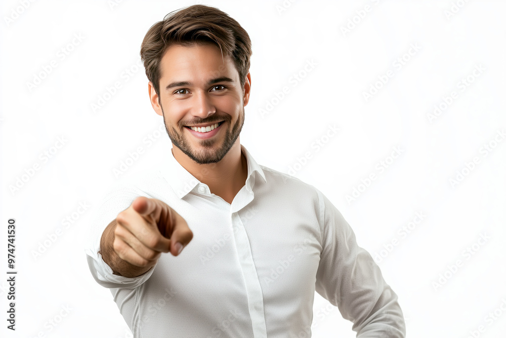 Businessman pointing with his hand smiling to yo over white background Businessman pointing with his hand smiling to yo over white background