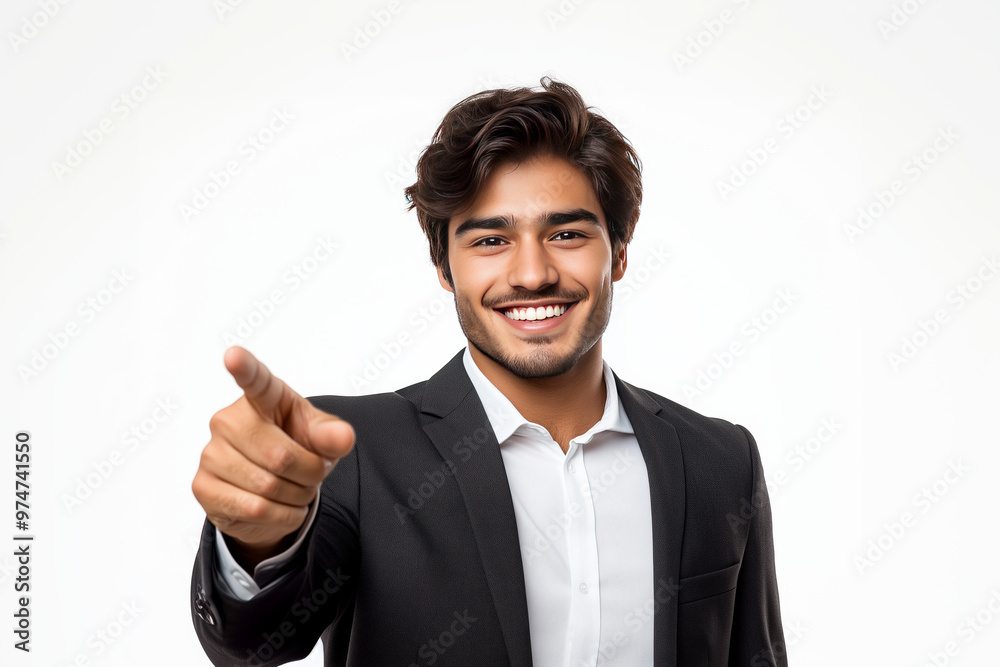 Businessman pointing with his hand smiling to yo over white background Businessman pointing with his hand smiling to yo over white background