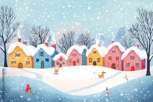 A Snowy Winter Village with Cute Animals and a Snowman