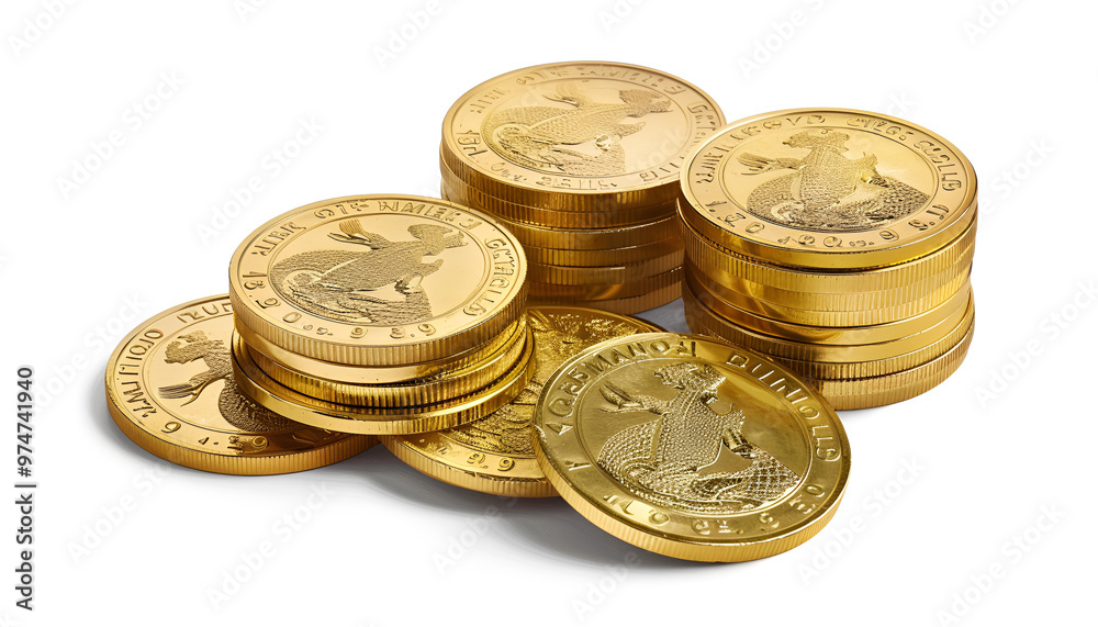 Gold bar and coins on white background Gold bar and coins on white background