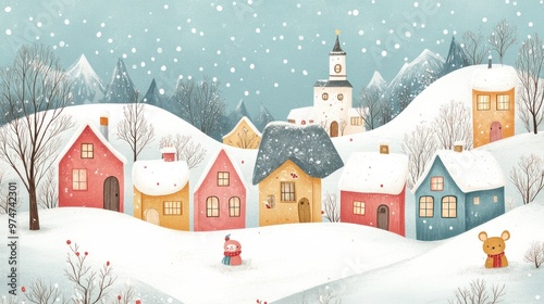 Snowy Village Landscape with Character and Mouse