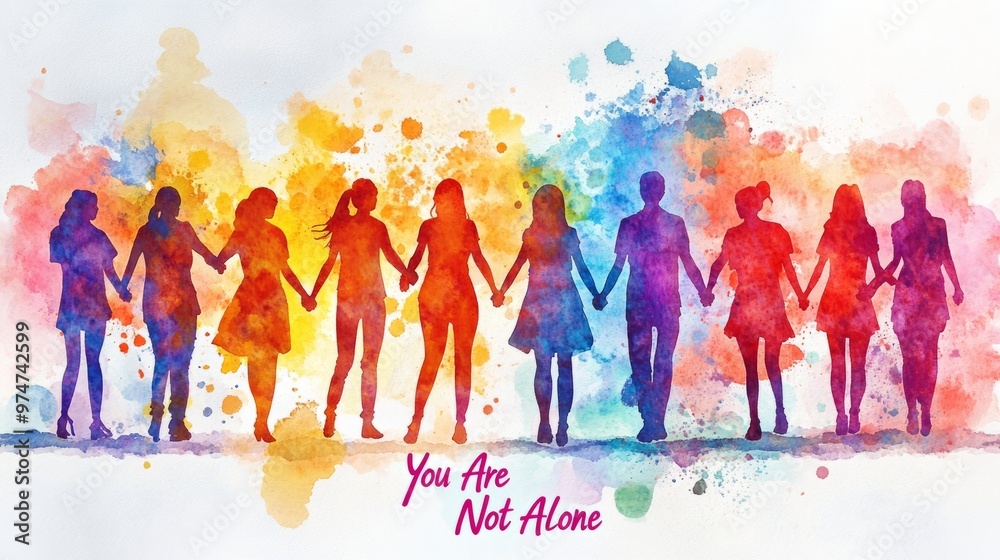 Naklejka premium Watercolor Hands United: Spreading Mental Health Awareness - You Are Not Alone