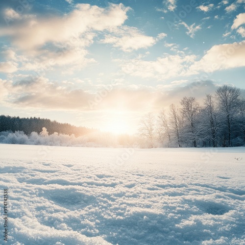 Snow – Tranquil Winter Landscape Covered in Fresh Snow with Soft Light Breaking Through the Clouds