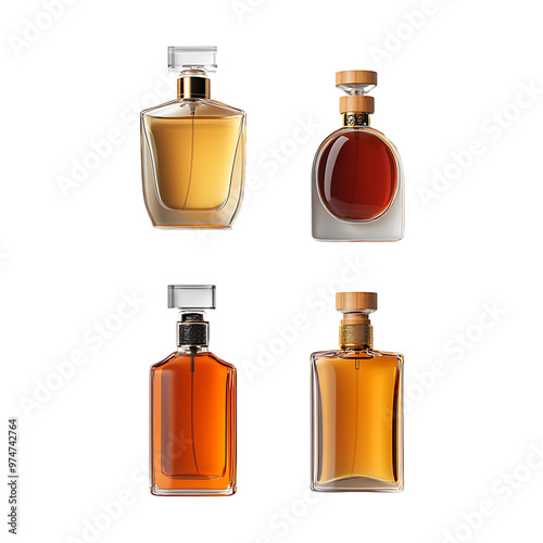 Set, collection of mockup perfume bottles isolated on transparent background.