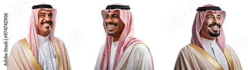 Group of happy Arab Middle Eastern men smiling and laughing, isolated on transparent background