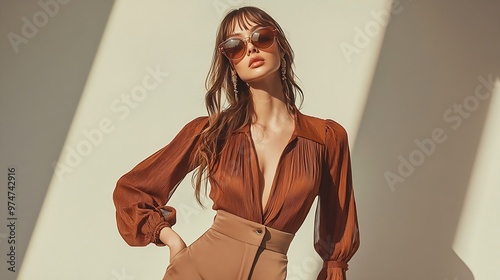 Portrait of a stylish fashion model girl posing in a designer brown blouse and wide leg pants Gray background Stylish sunglasses Haute couture collection : Generative AI © The Little Hut