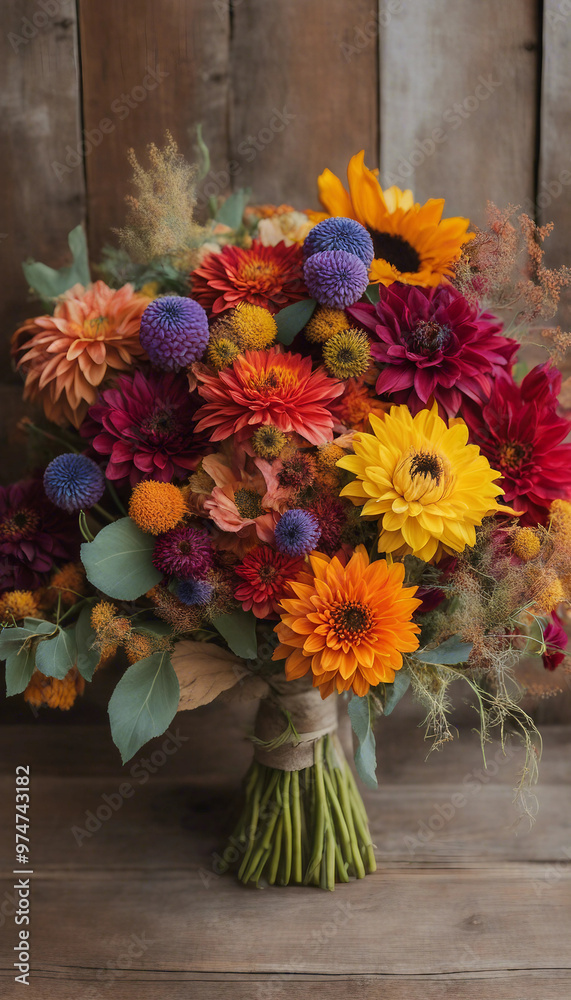 A vibrant bouquet of various flowers with rich colors against a rustic wooden backdrop.

