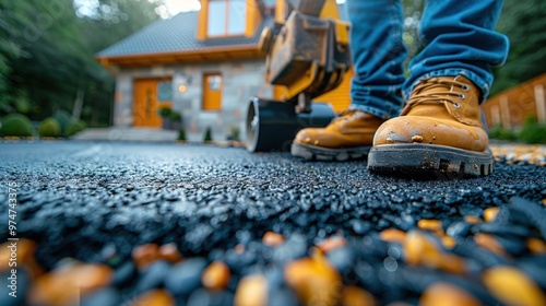 Closeup of construction worker's boots on fresh asphalt driveway with a roller in the background.