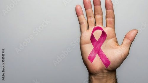 A raised hand with a pink ribbon symbol painted on the palm, representing cancer awareness and support. The hand is against a gray background, symbolizing strength and unity in the fight against cance photo