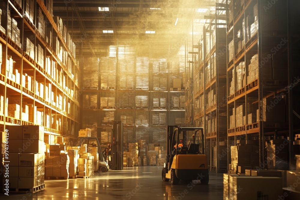 Vibrant warehouse scene with active workers and forklifts amidst stacked boxes and dramatic lighting Vibrant warehouse scene with active workers and forklifts amidst stacked boxes and dramatic lighting