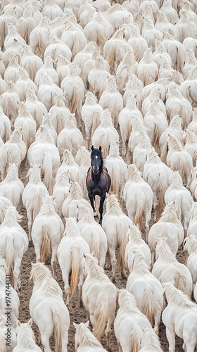 A massive herd of white horses, with one black horse standing out in the center photo