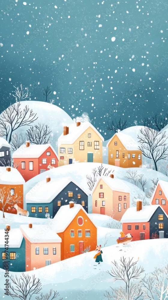 Snowy Village Scene with Two Figures Walking and a Dog Sledding Snowy Village Scene with Two Figures Walking and a Dog Sledding