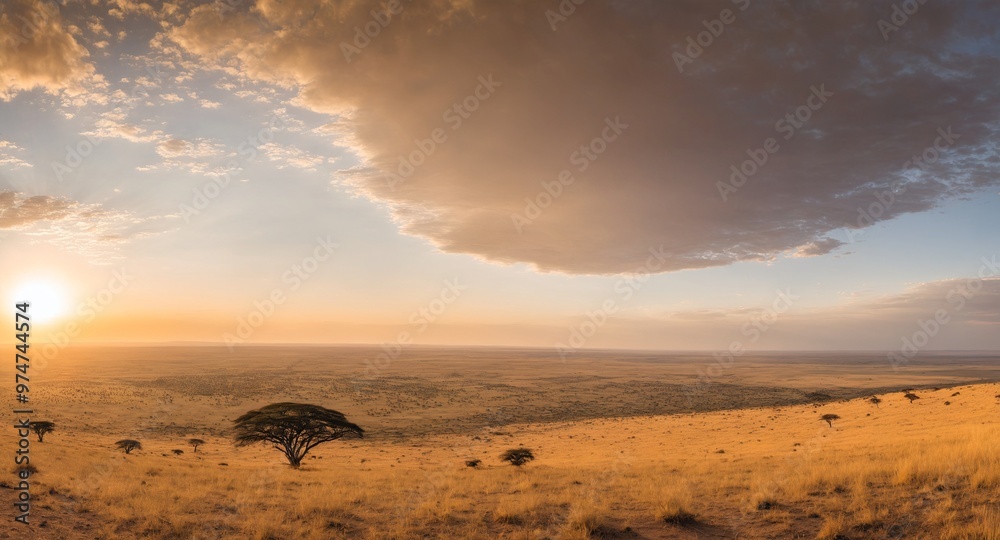Obraz premium Landscape Africa, vast plains of the Serengeti, golden, hour
