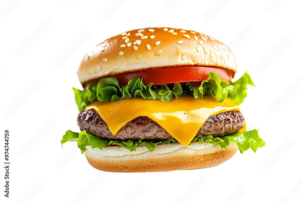 A vibrant cheeseburger with melted cheese and fresh lettuce, floating in the air on white background A vibrant cheeseburger with melted cheese and fresh lettuce, floating in the air on white background