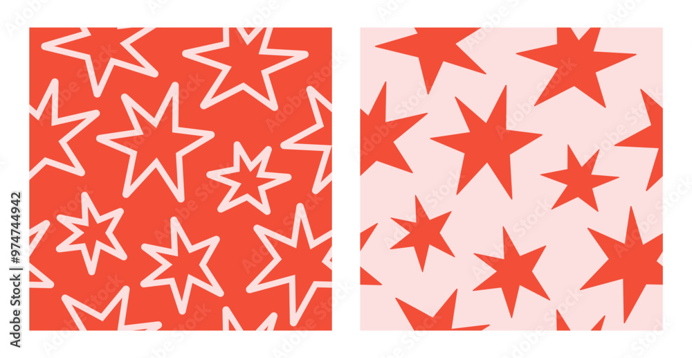 Set seamless patterns with simple groovy stars. Colorful kids print, printable childish texture for wallpaper, fabric, textile, wrapping paper. Vector illustration Set seamless patterns with simple groovy stars. Colorful kids print, printable childish texture for wallpaper, fabric, textile, wrapping paper. Vector illustration
