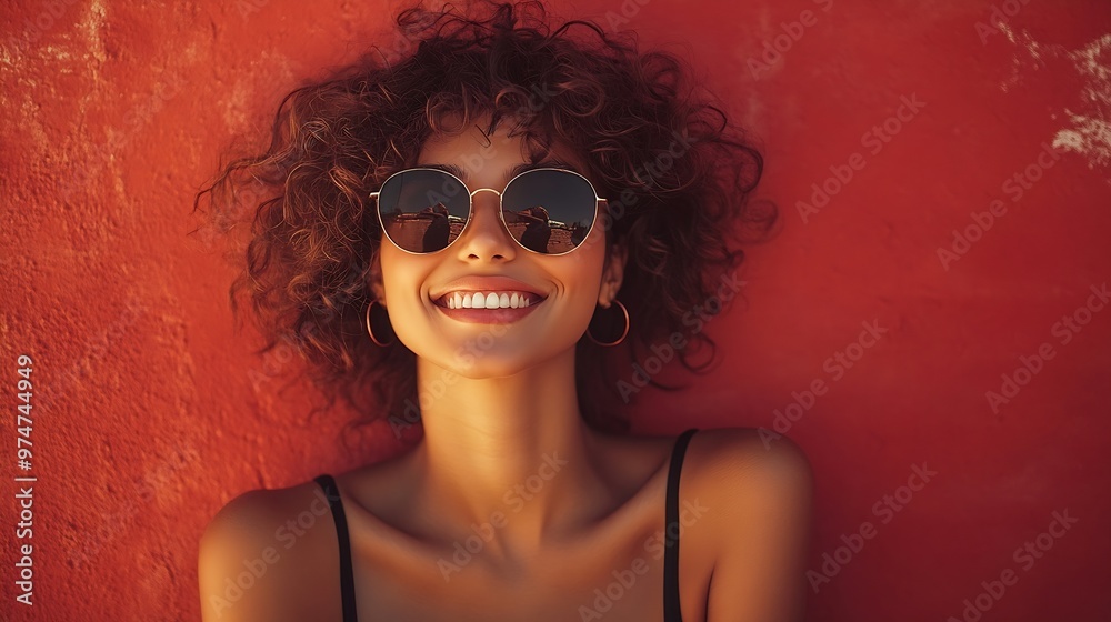 Young beautiful smiling female in trendy summer black tank top Carefree woman posing near red wall in studio with curly hairstyle Positive model having fun Cheerful and happy In sungla : Generative AI Young beautiful smiling female in trendy summer black tank top Carefree woman posing near red wall in studio with curly hairstyle Positive model having fun Cheerful and happy In sungla : Generative AI