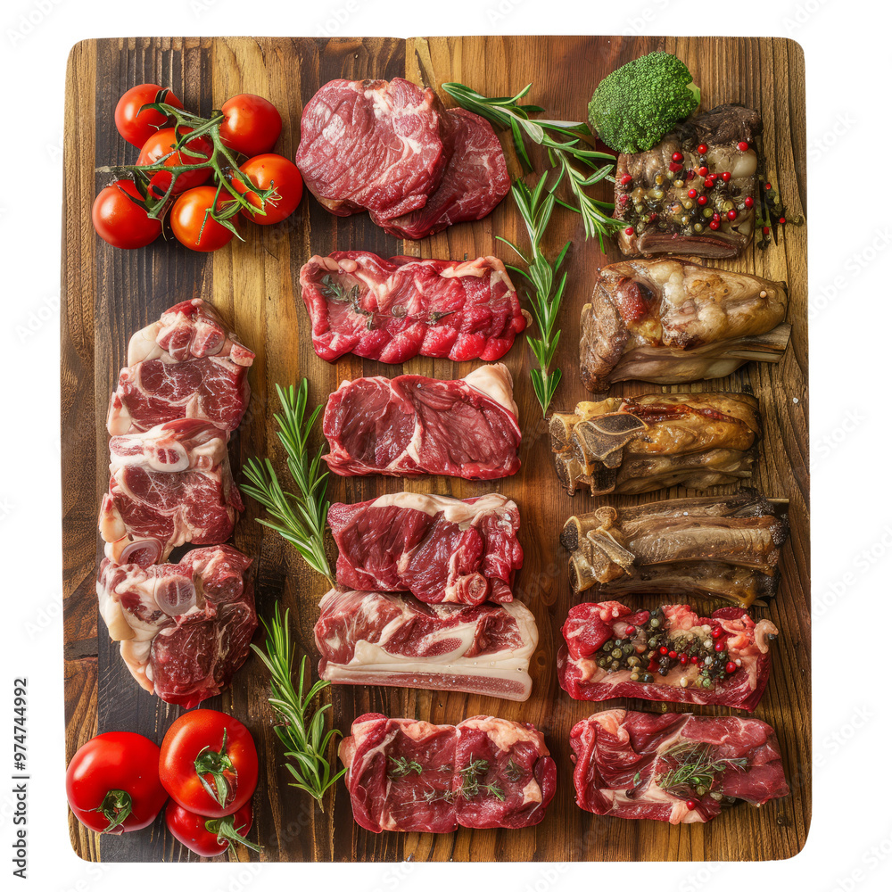 wooden board featuring different cuts of raw meat, including filets and ribs, with a backdrop of fresh produce. wooden board featuring different cuts of raw meat, including filets and ribs, with a backdrop of fresh produce.