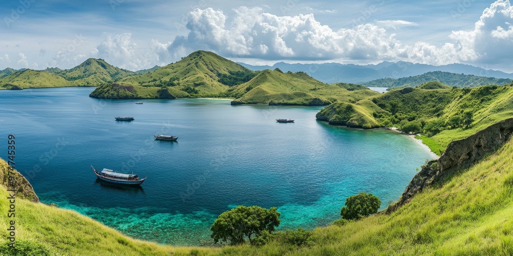 Green hills, clear blue water, and boats. Green hills, clear blue water, and boats.