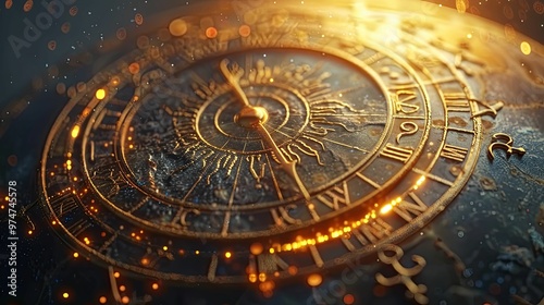 Wallpaper Mural Close-up of a Golden Ornate Clock Face with Roman Numerals and Glowing Lights Torontodigital.ca