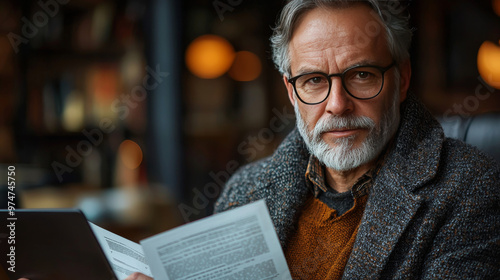 A serious-looking senior man in glasses reads a document.