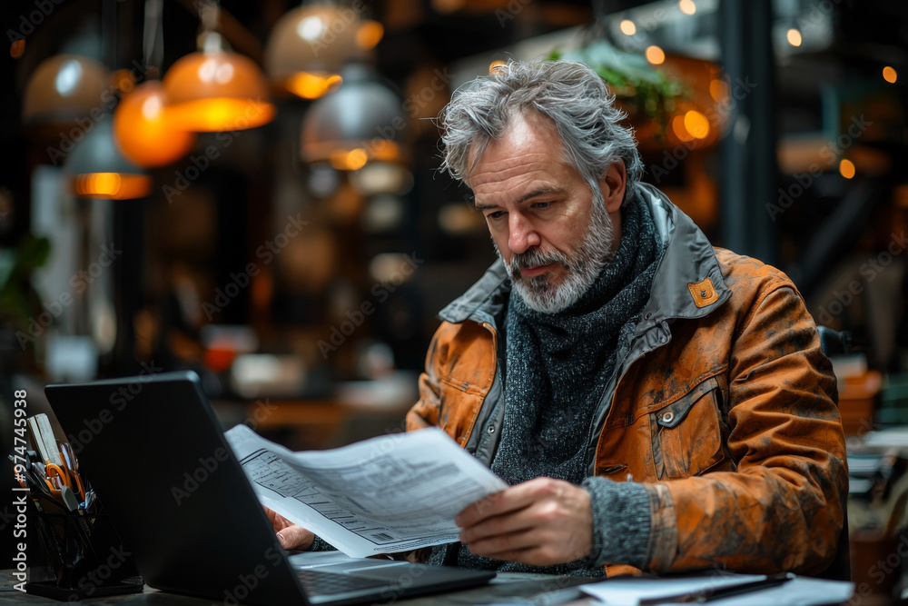 Man in brown jacket reads paperwork in cafe. Man in brown jacket reads paperwork in cafe.