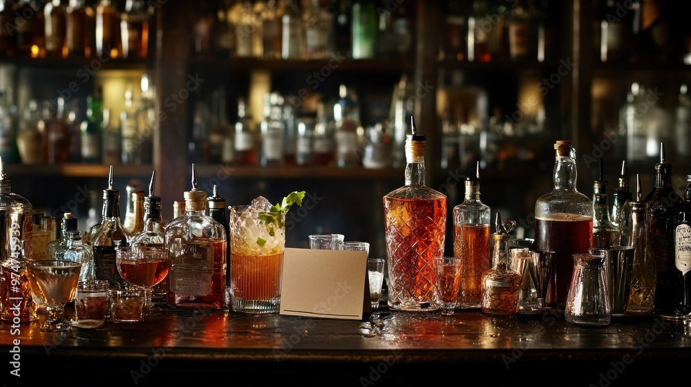 A well-stocked bar with various bottles and cocktails on display. A well-stocked bar with various bottles and cocktails on display.