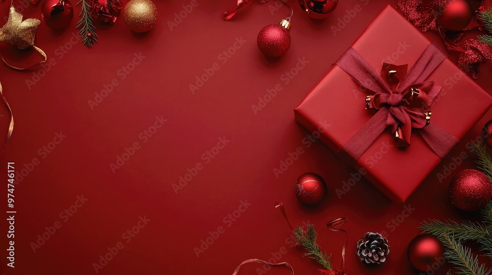 Christmas composition Gift box, christmas decorations on red background Flat lay, top view, copy space Christmas composition Gift box, christmas decorations on red background Flat lay, top view, copy space