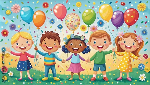 Vibrant, whimsical illustration of diverse, smiling cartoon friends holding hands, surrounded by colorful balloons, flowers, and confetti, conveying joy, togetherness, and celebration of lovely bonds.