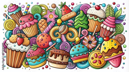 Vibrant, whimsical illustrations of sweet treats and junk food, adorned with colorful markers and playful doodles, on a white background, perfect for digital coloring fun. photo