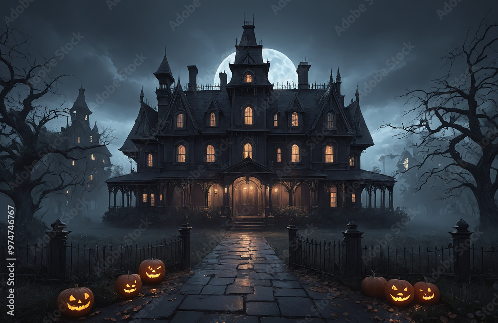 3d render of halloween theme haunted house at night with big moon 3d render of halloween theme haunted house at night with big moon